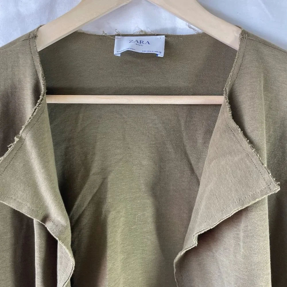Zara Basic Military Green Raw Trim/Raw Hem Open Cardigan‎ Sz M